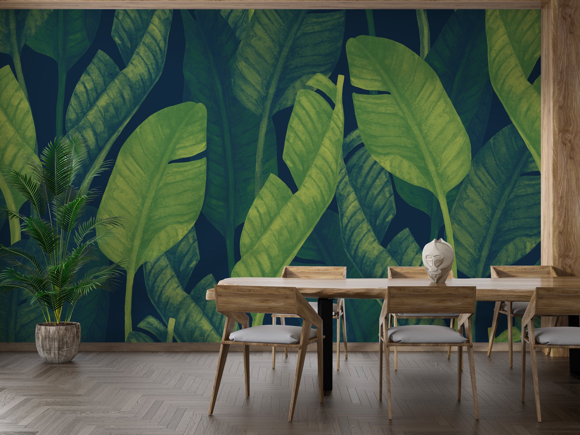 Deep Green Banana leaf wallpaper mural styled along a hallway feature wall near a console in green tones