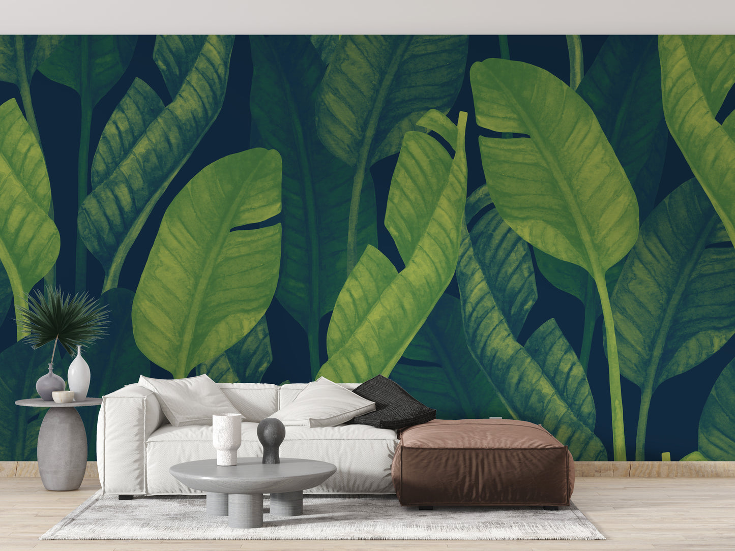 Deep Green Banana leaf wallpaper mural as a bedroom feature wall behind the headboard in green tones