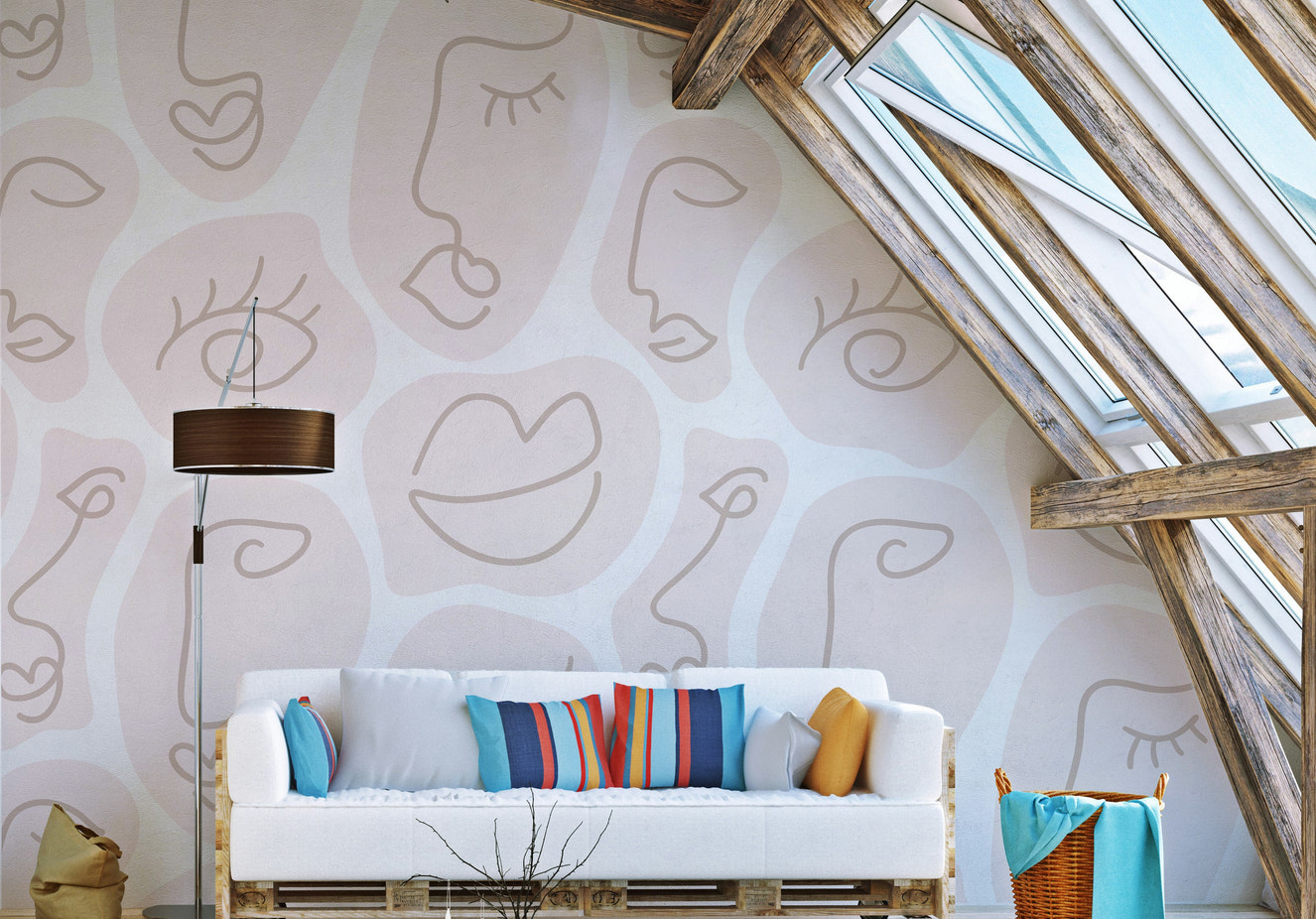 Artistic large face line mural for unique and stylish spaces.
