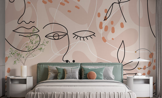 Large Human Face Line Pink wallpaper mural shown as a full feature wall that highlights the design