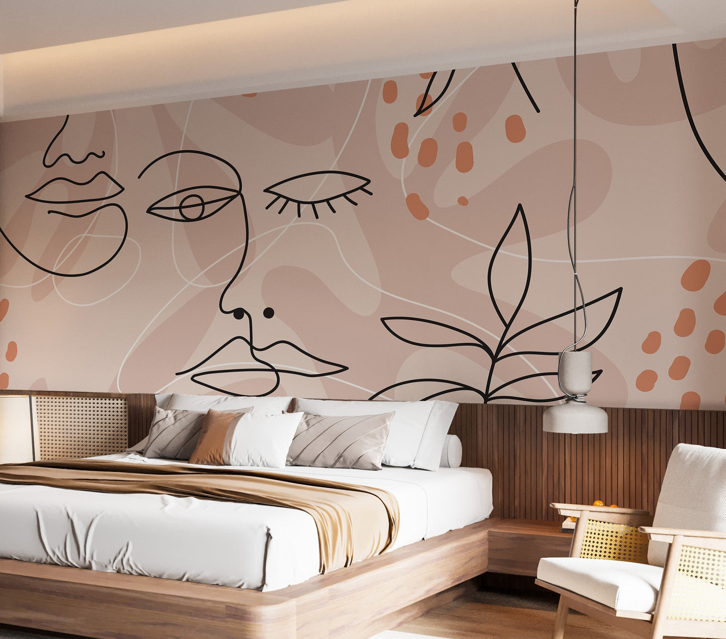 Large human face line pink wallpaper mural for walls
