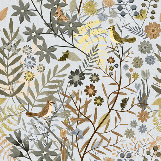 Birds Garden Golden Gray Wallpaper