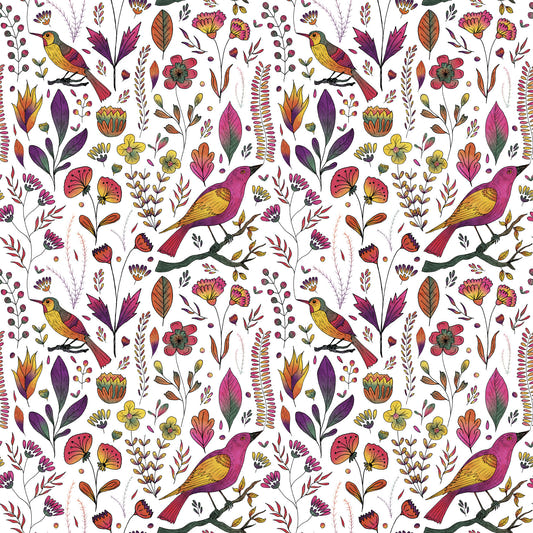 Whimsical Songbird Garden White Wallpaper
