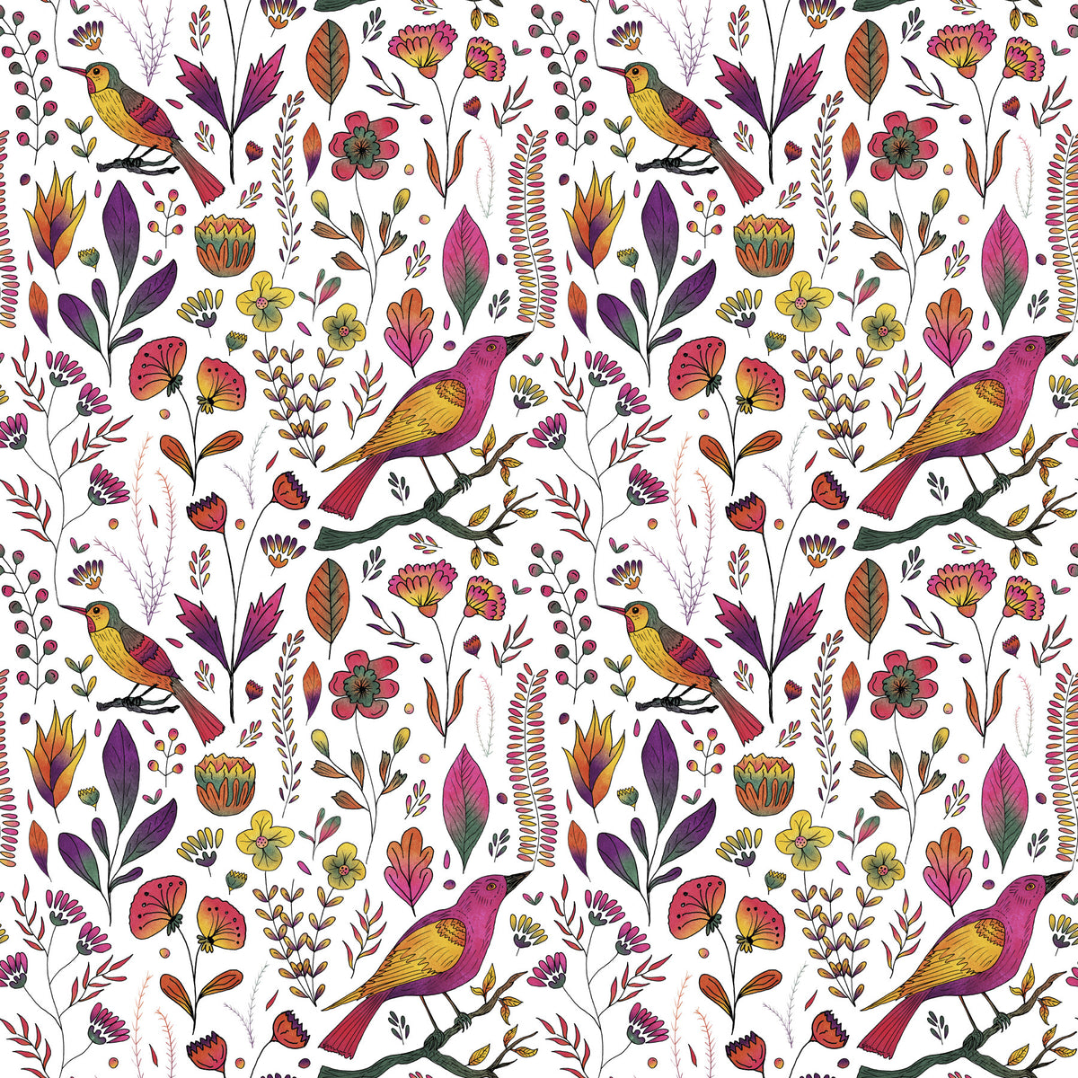 Whimsical Songbird Garden White Wallpaper in your room