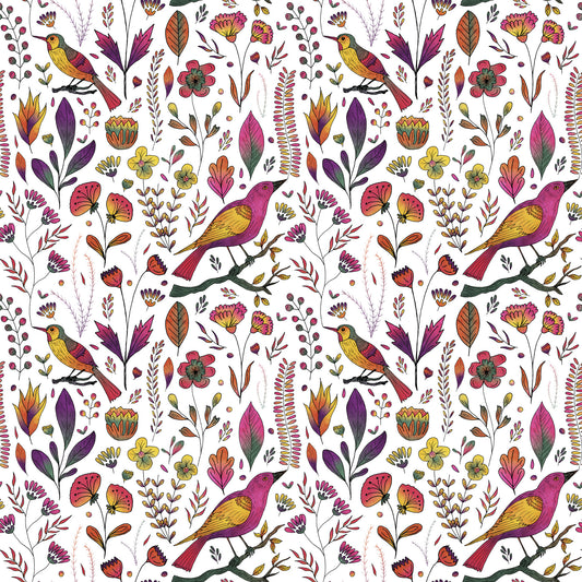Whimsical Songbird Garden White Wallpaper