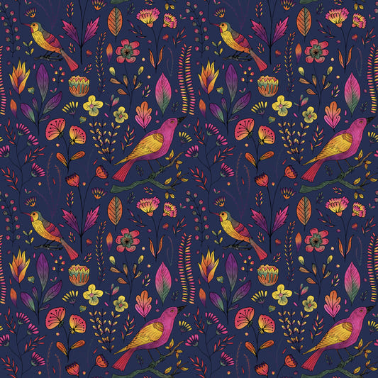 Whimsical Songbird Garden Navy Wallpaper