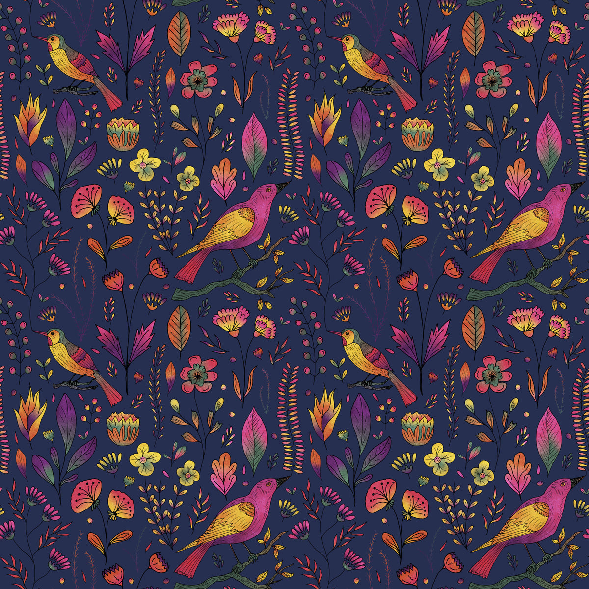 Whimsical Songbird Garden Navy Wallpaper in your room