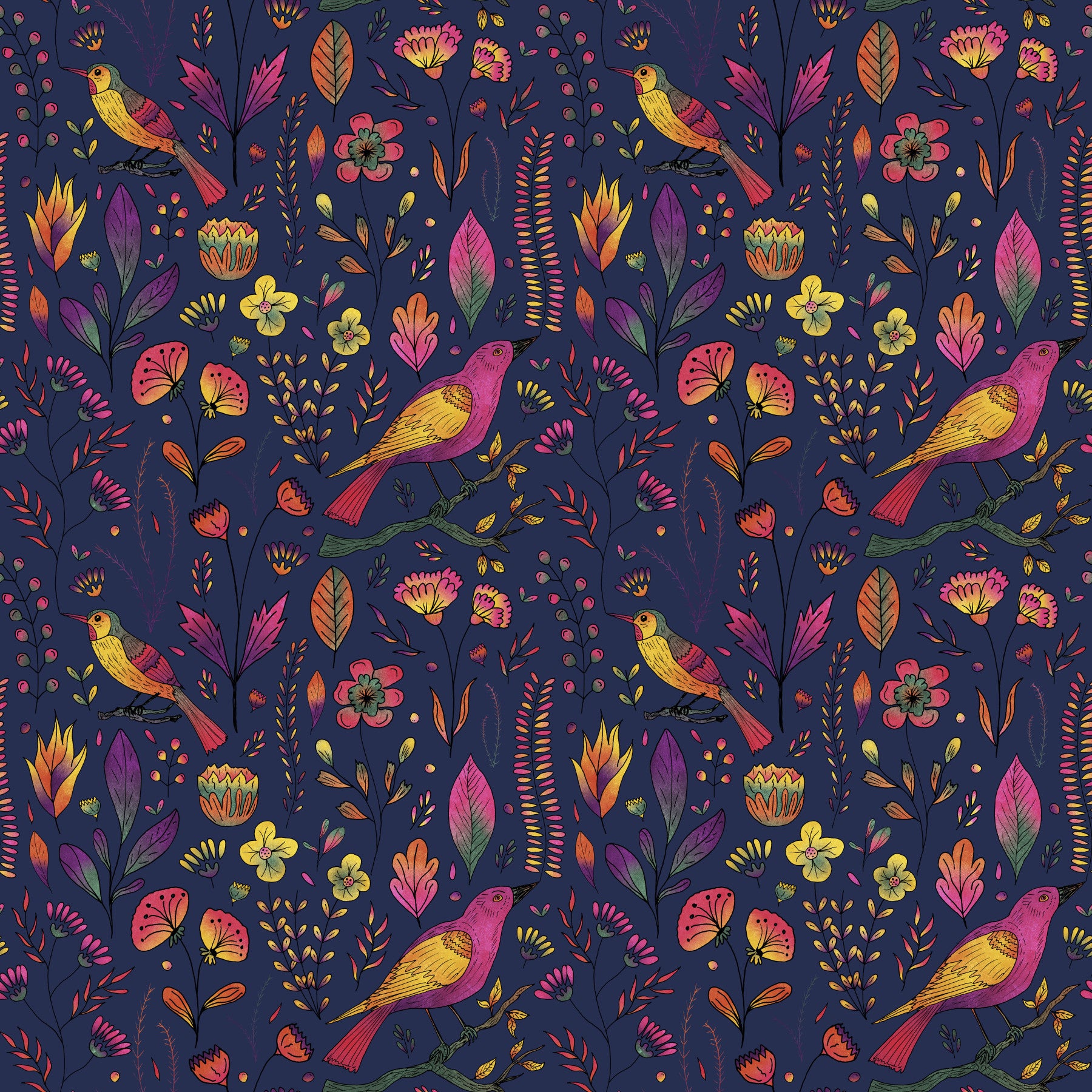 Whimsical Songbird Garden Navy Wallpaper