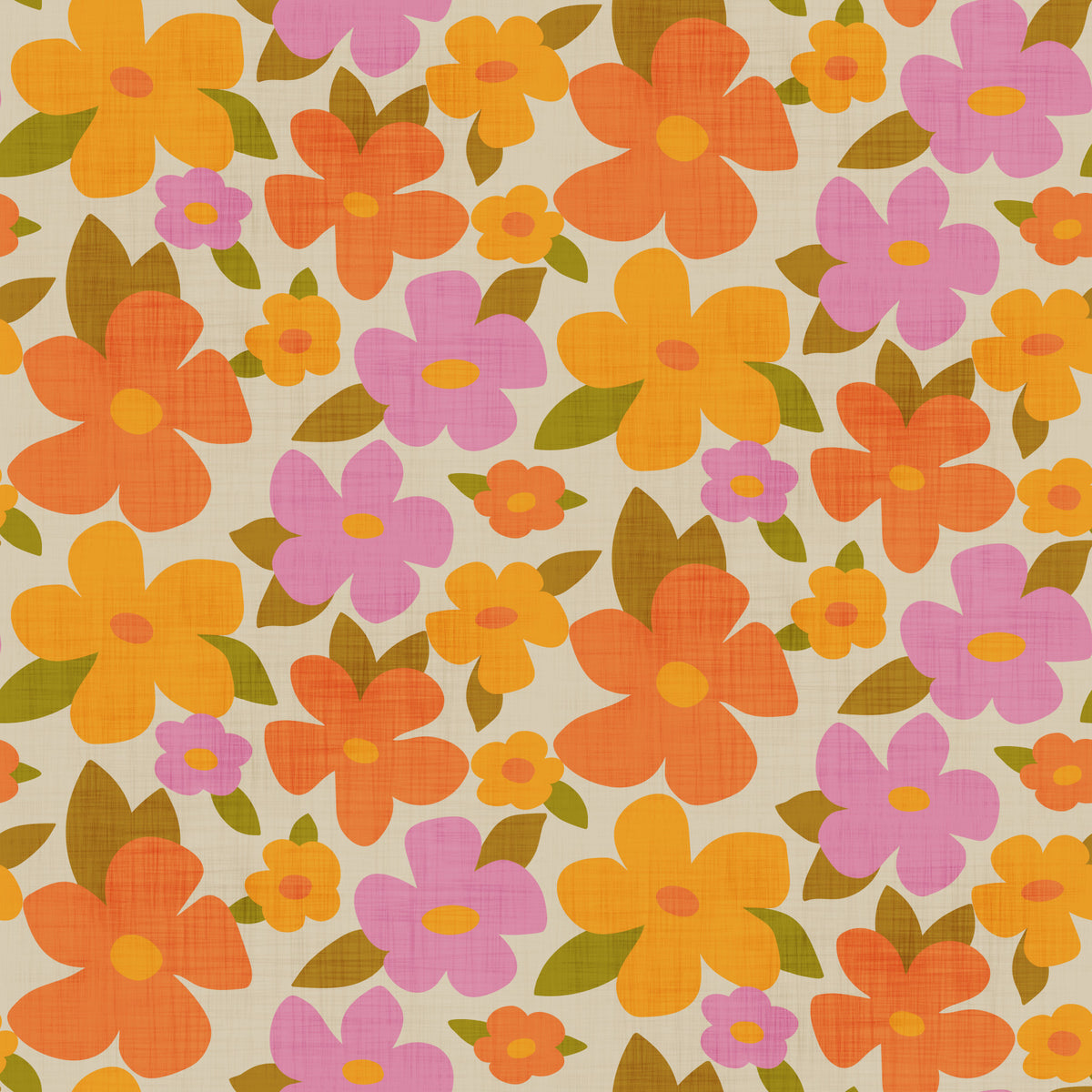 Retro Bright Flowers in Orange Pink Yellow Wallpaper in your room