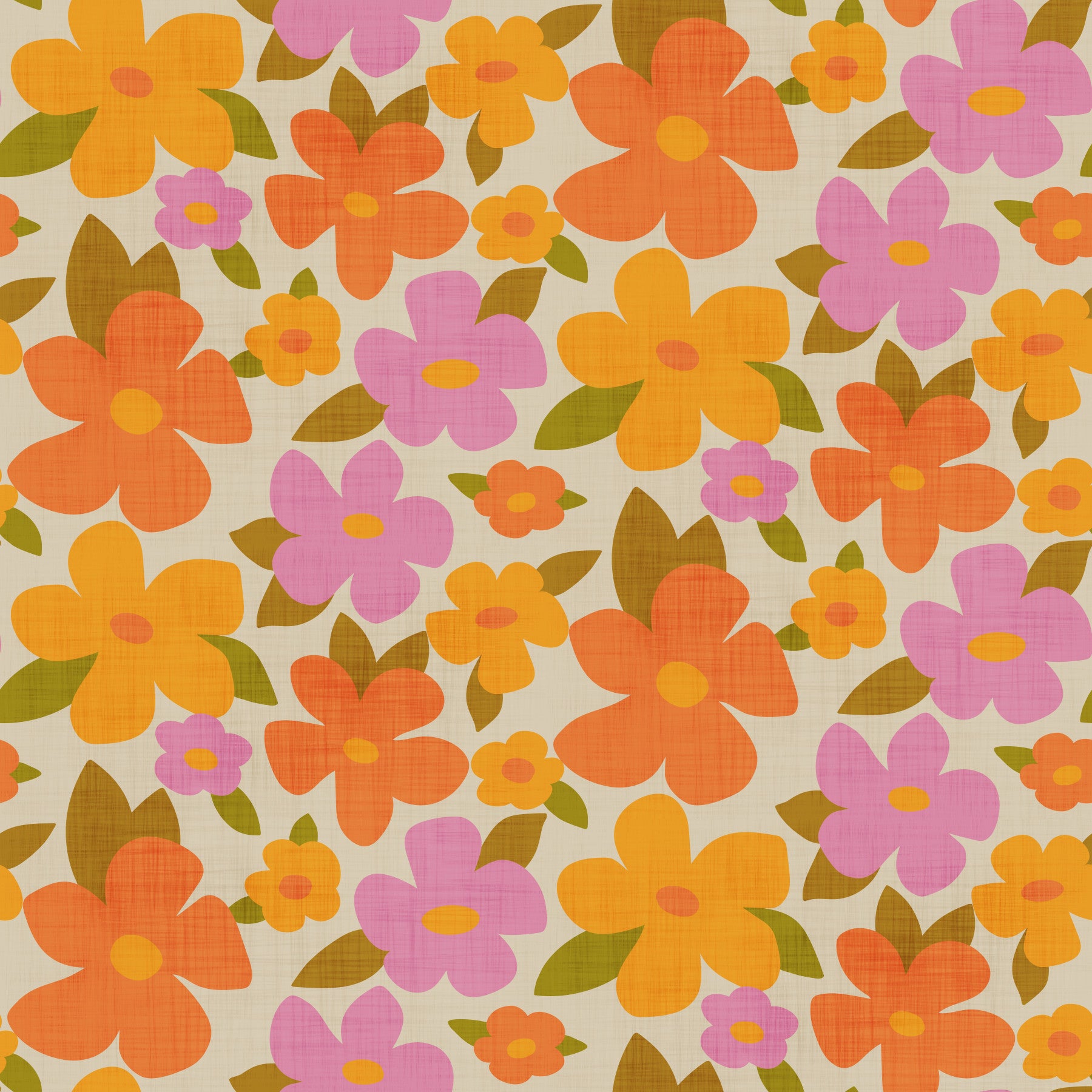 Retro Bright Flowers in Orange Pink Yellow Wallpaper