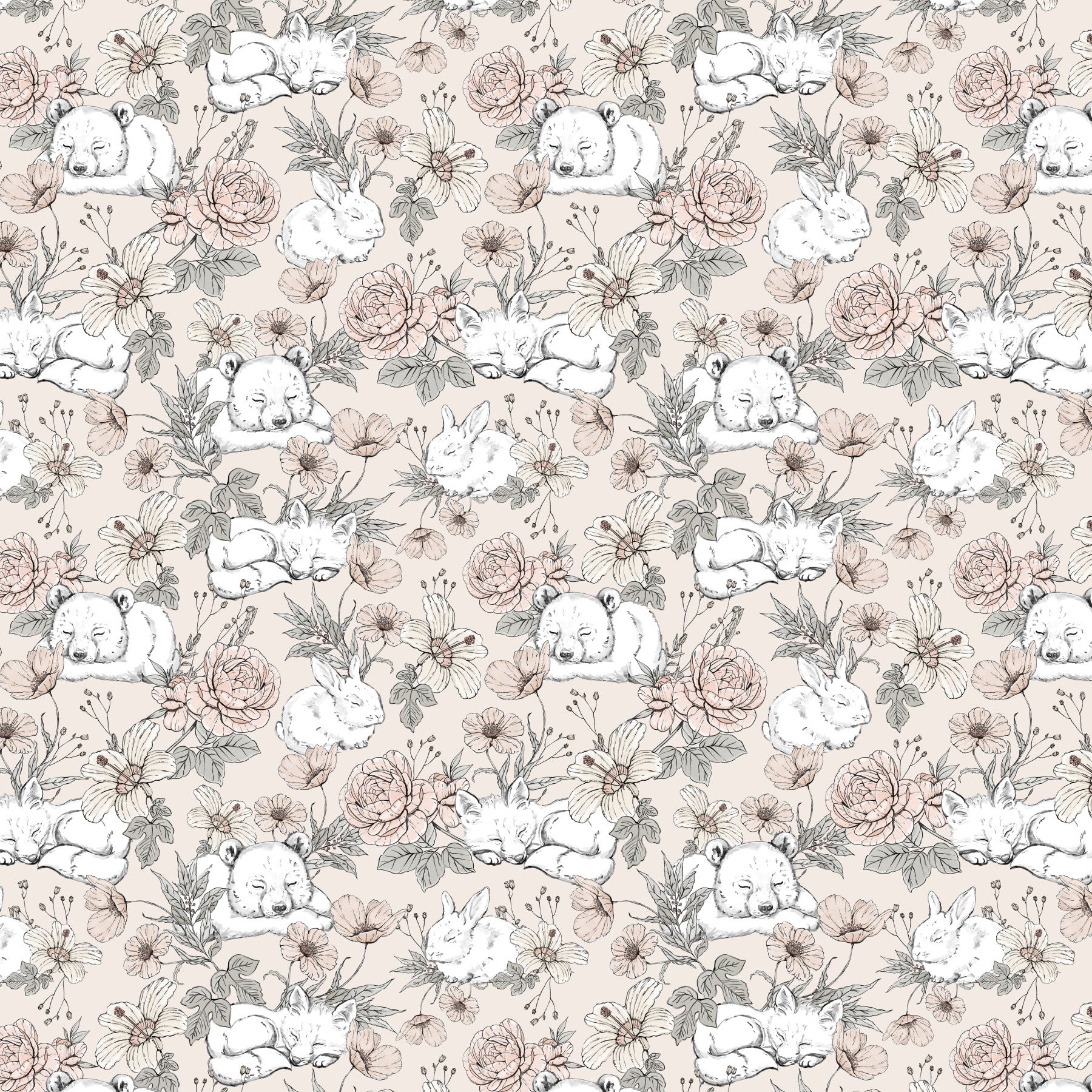 Sleeping Woodland Beige Wallpaper in your room — zoomed