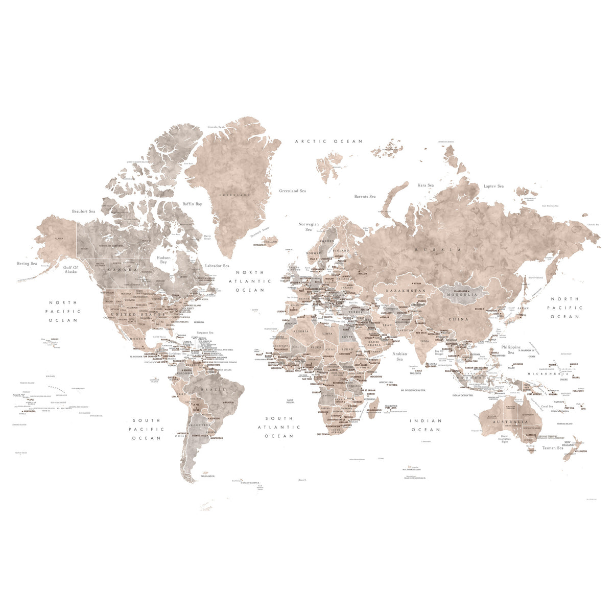 Watercolor world map with countries and capitals, Abey Wall Mural in your room