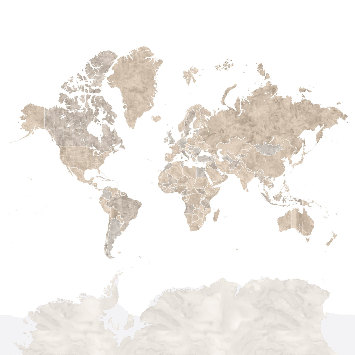 Neutral watercolor world map with outlined countries Wallpaper in your room — zoomed