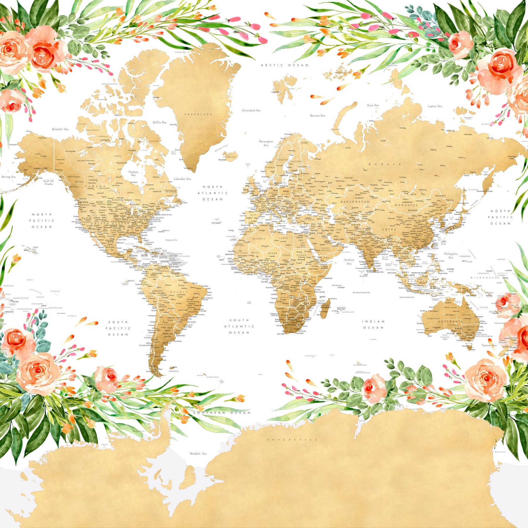 Floral Bohemian World Map Wallpaper