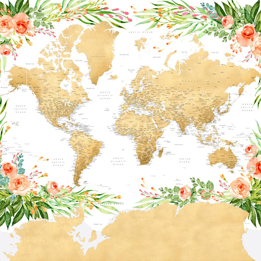 Floral Bohemian World Map Wallpaper