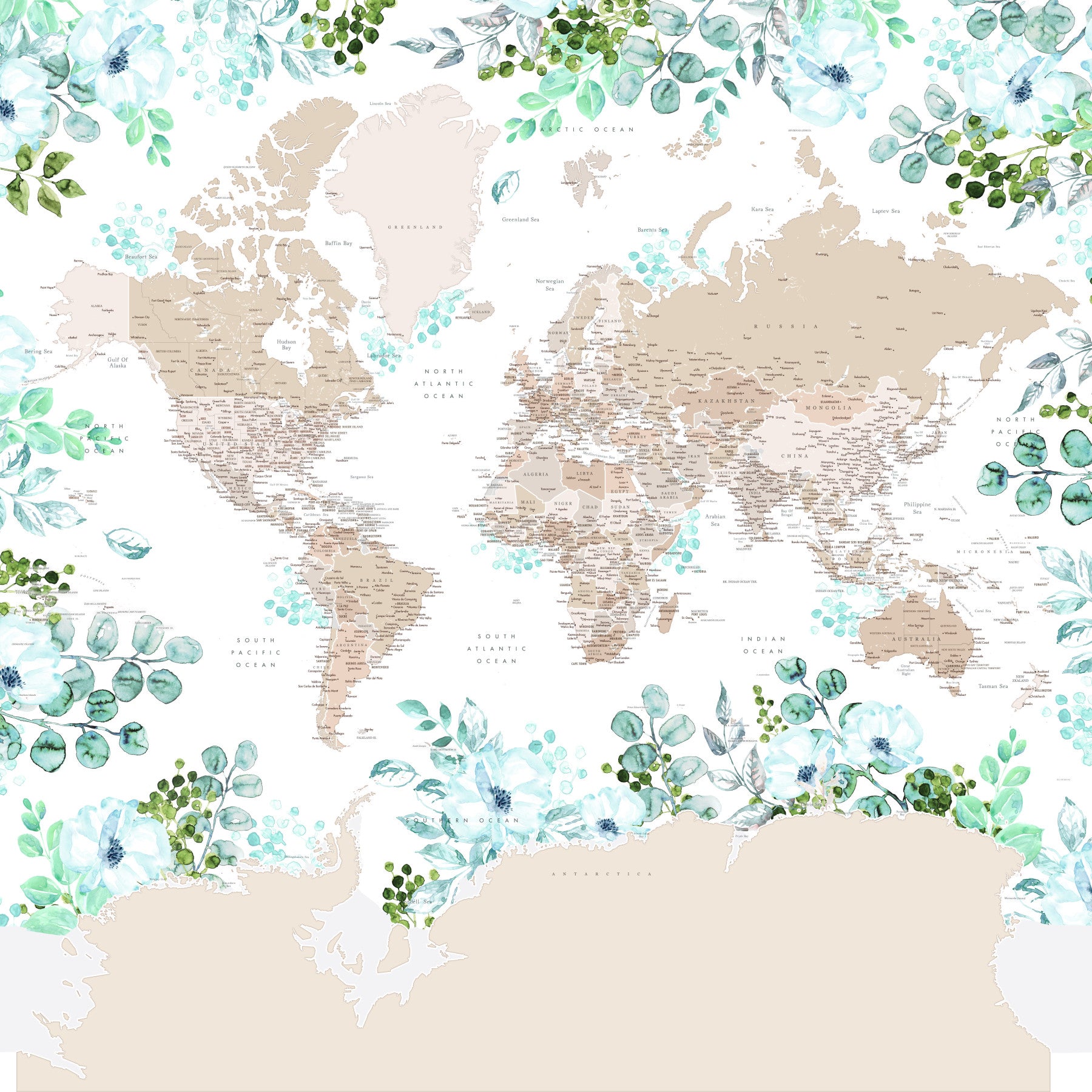 Beige Watercolor World Map Wallpaper