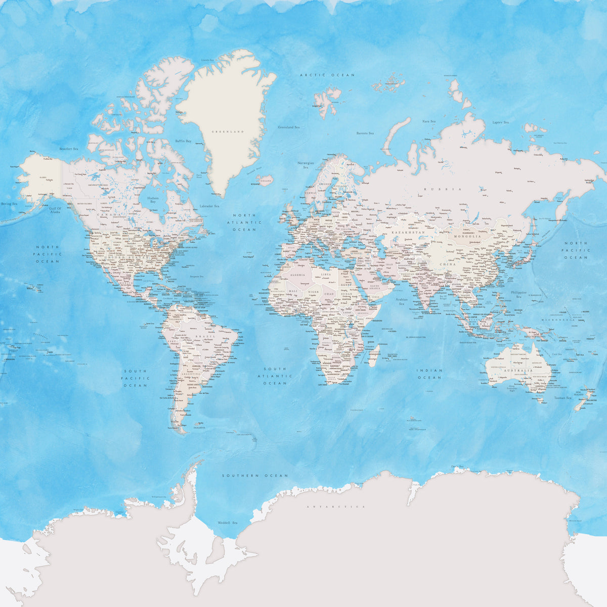 Blue Watercolor World Map Wallpaper in your room