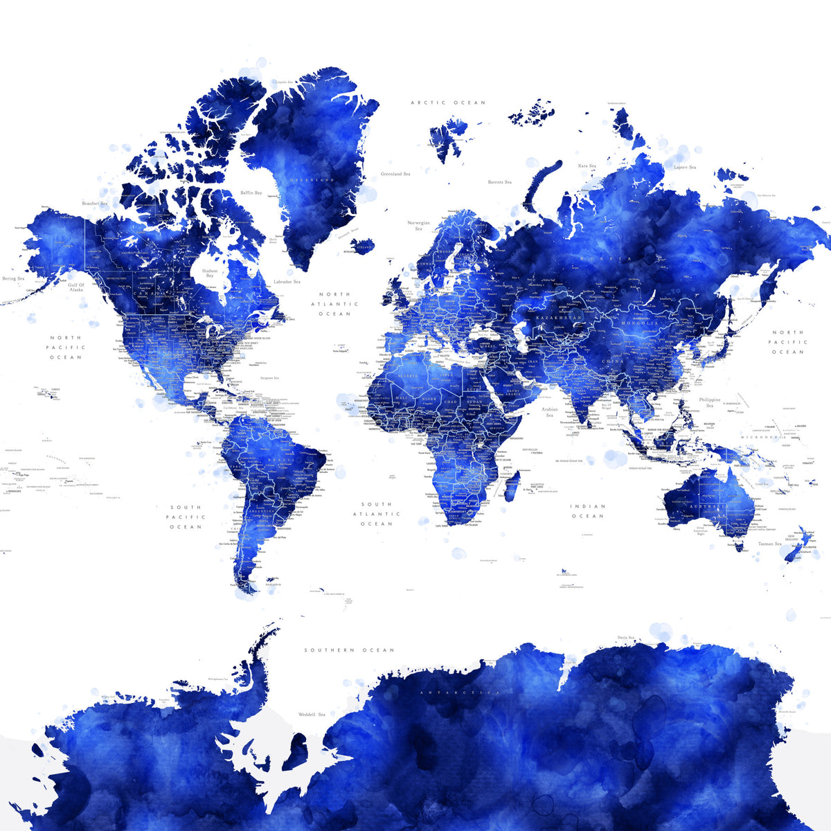 Indigo Watercolor World Map Wallpaper in your room — zoomed