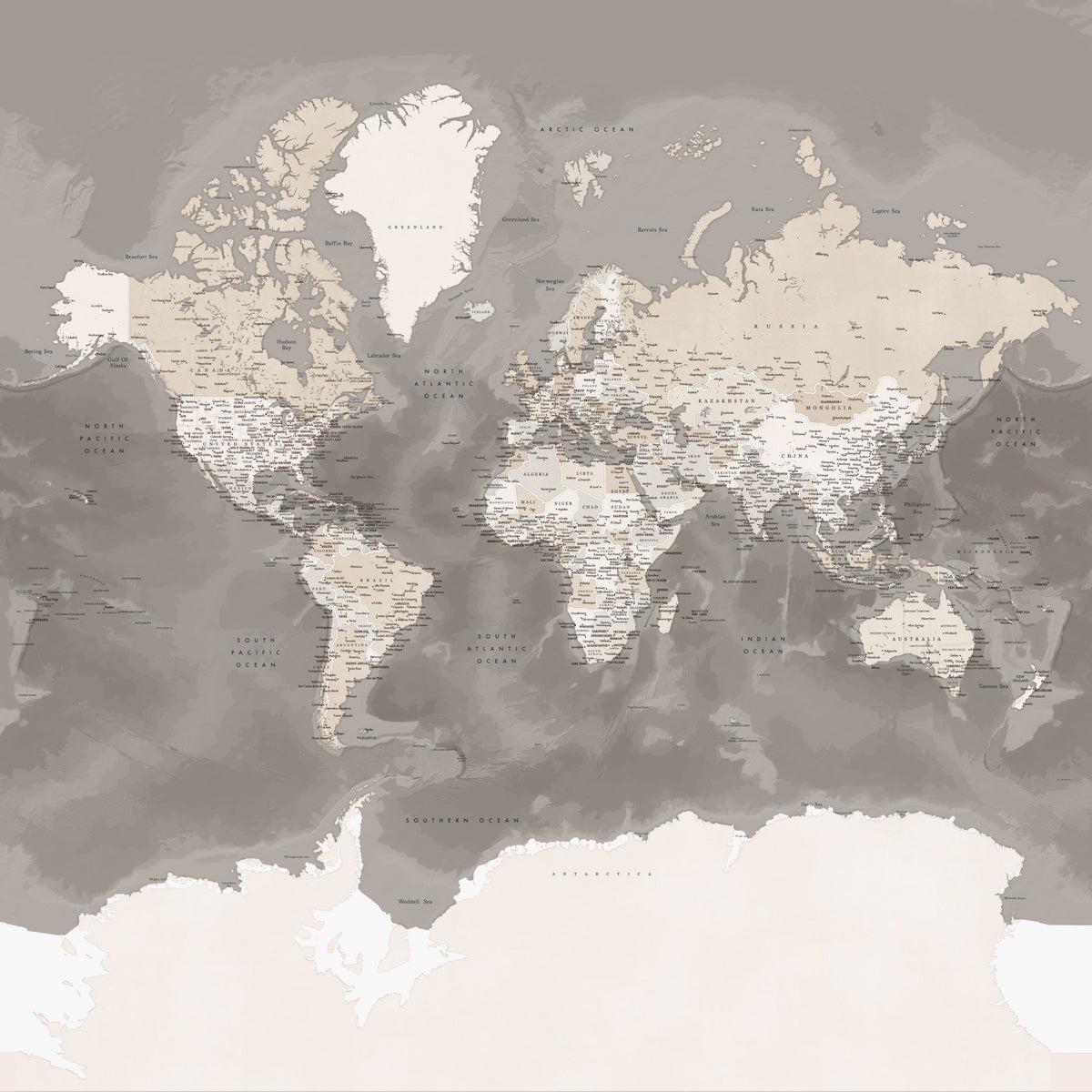 Brown Watercolor World Map Wallpaper in your room