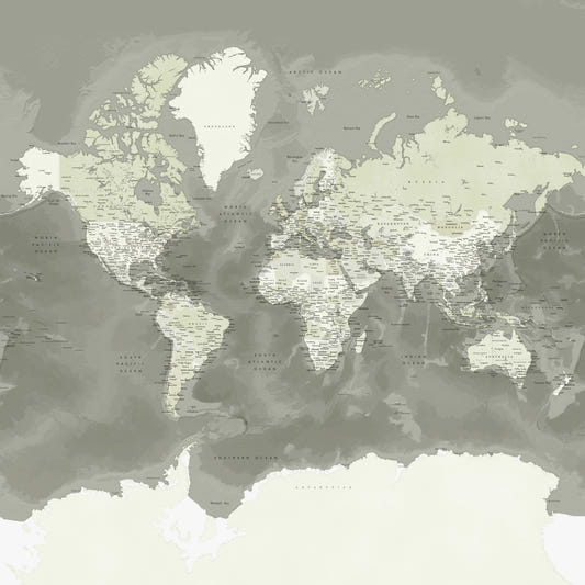 Neutral Green Watercolor World Map Wallpaper