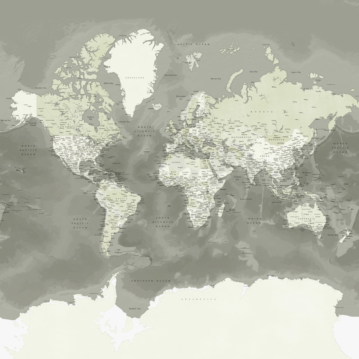Neutral Green Watercolor World Map Wallpaper