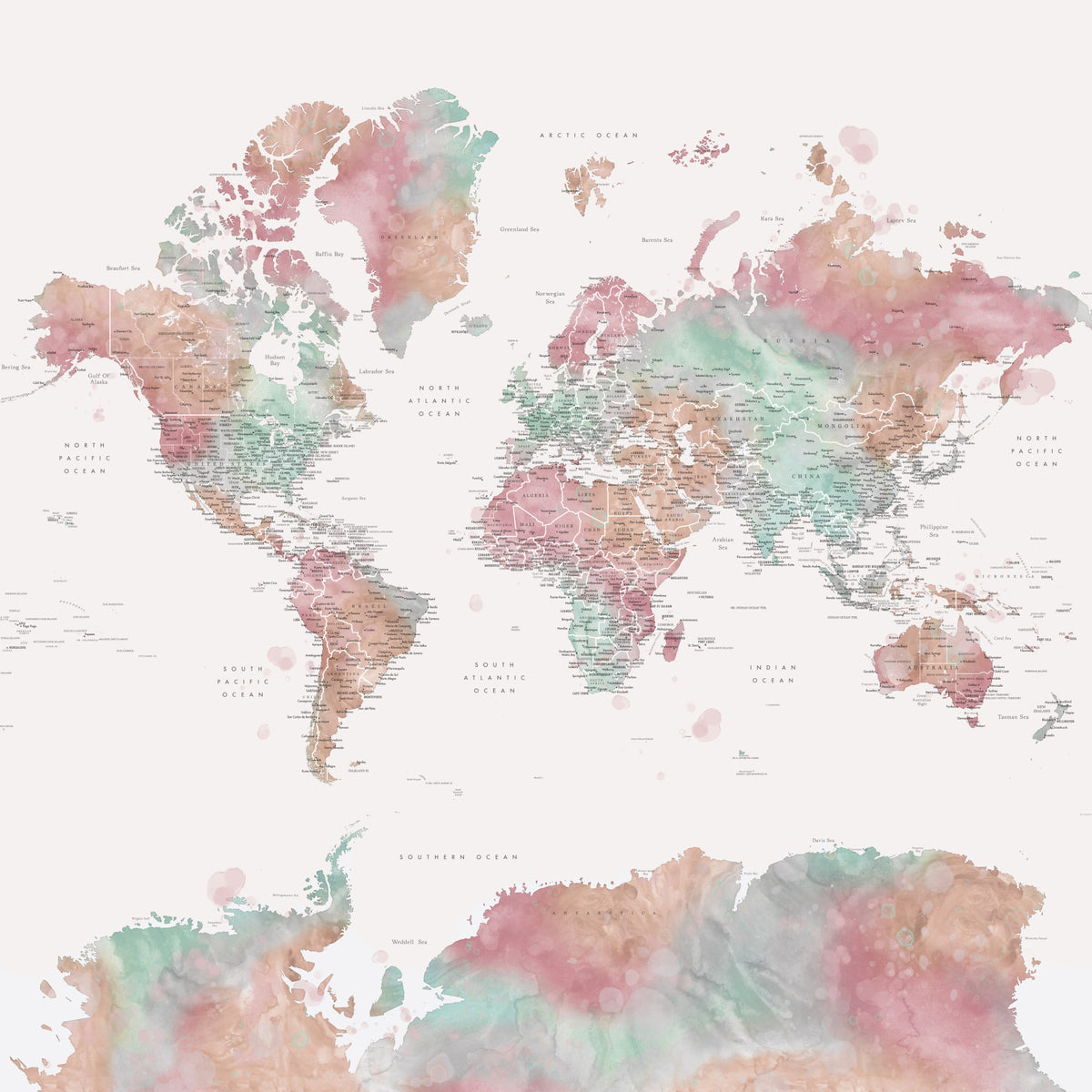 Pastel Watercolor World Map Wallpaper in your room — zoomed