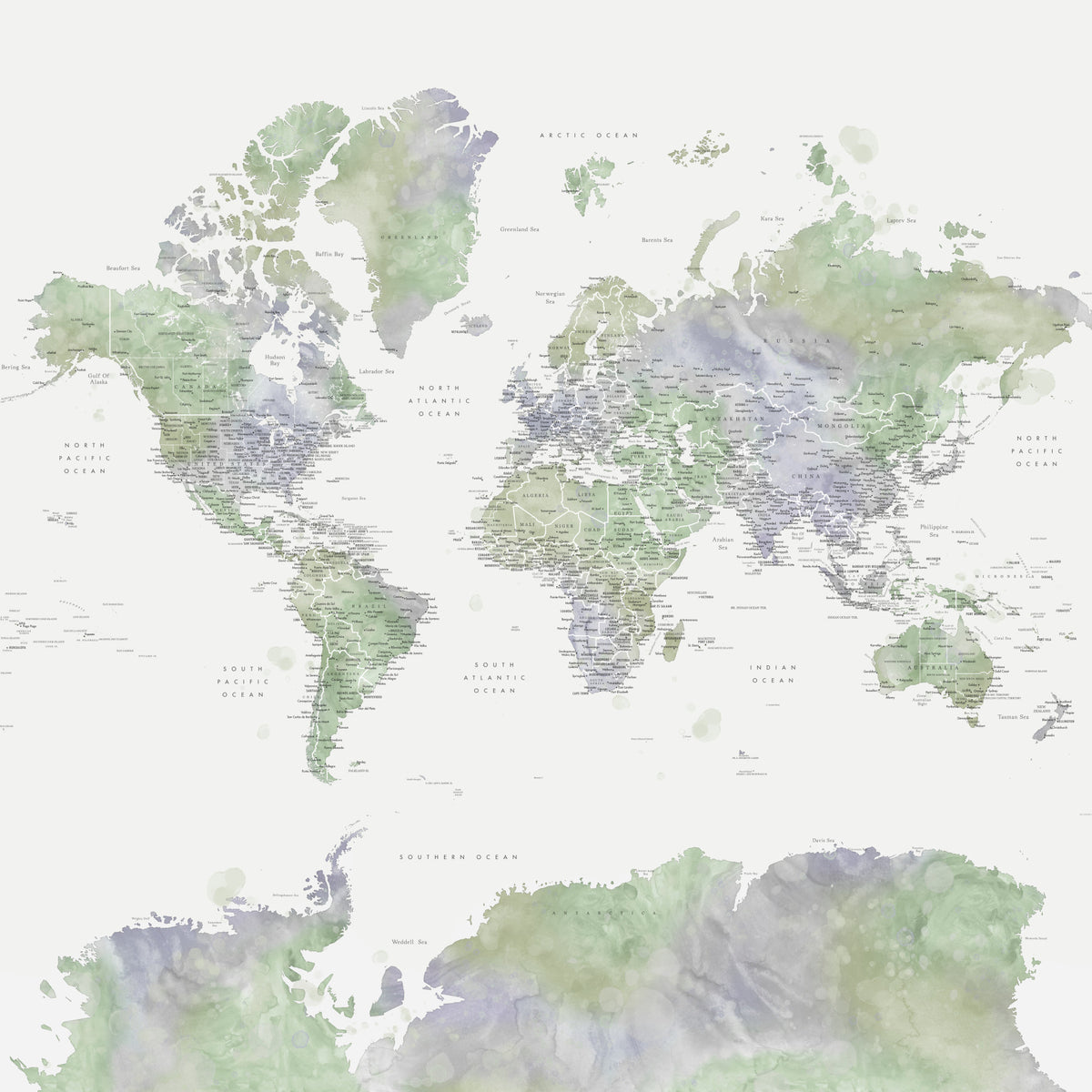 Sage Green Watercolor World Map Wallpaper in your room — zoomed
