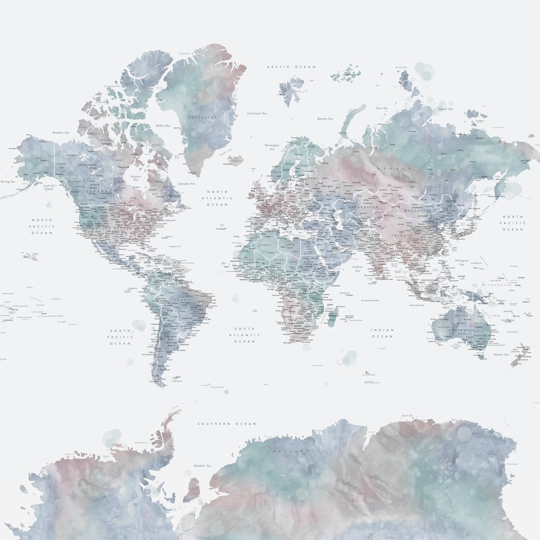 Dusty Blue Watercolor World Map Wallpaper