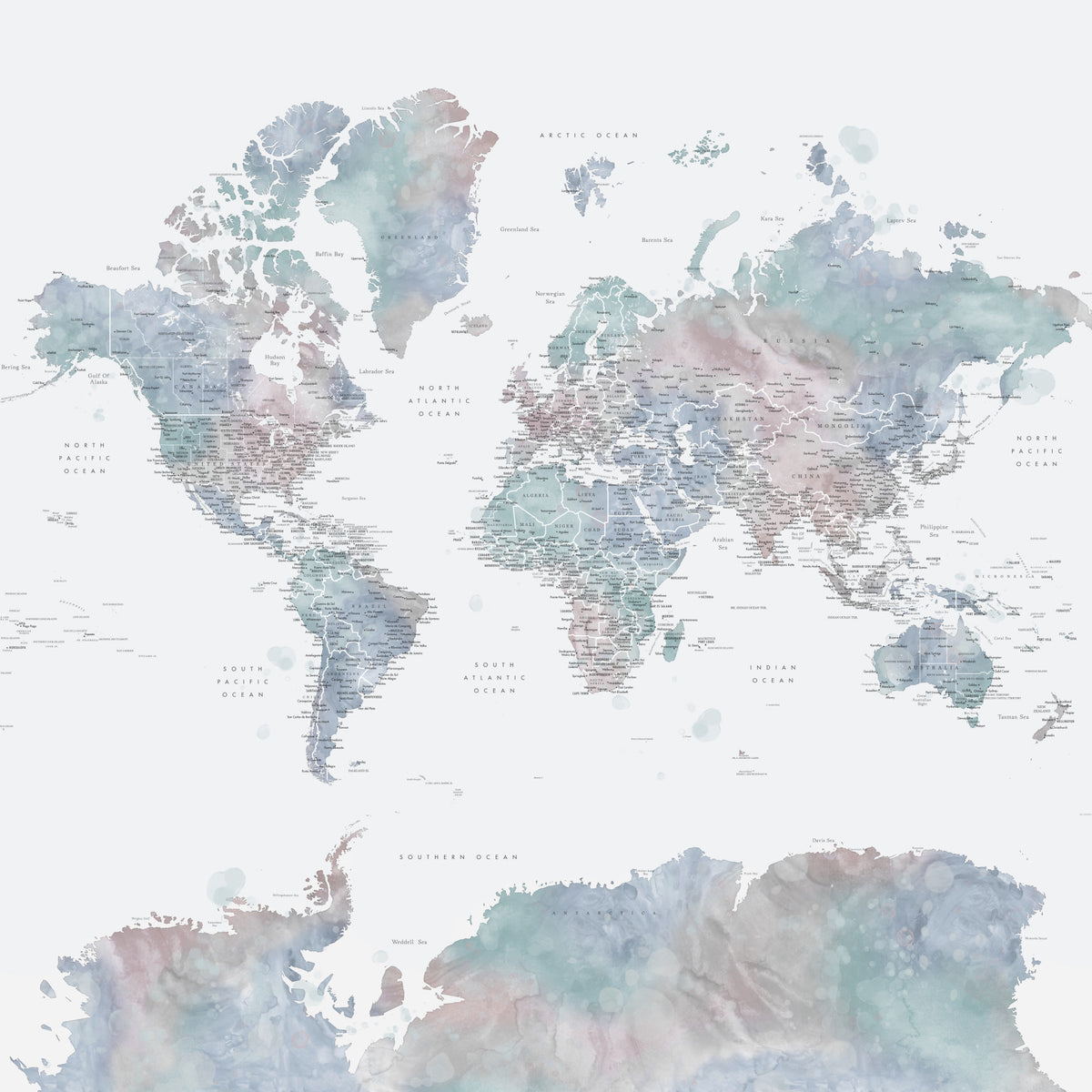 Dusty Blue Watercolor World Map Wallpaper in your room — zoomed