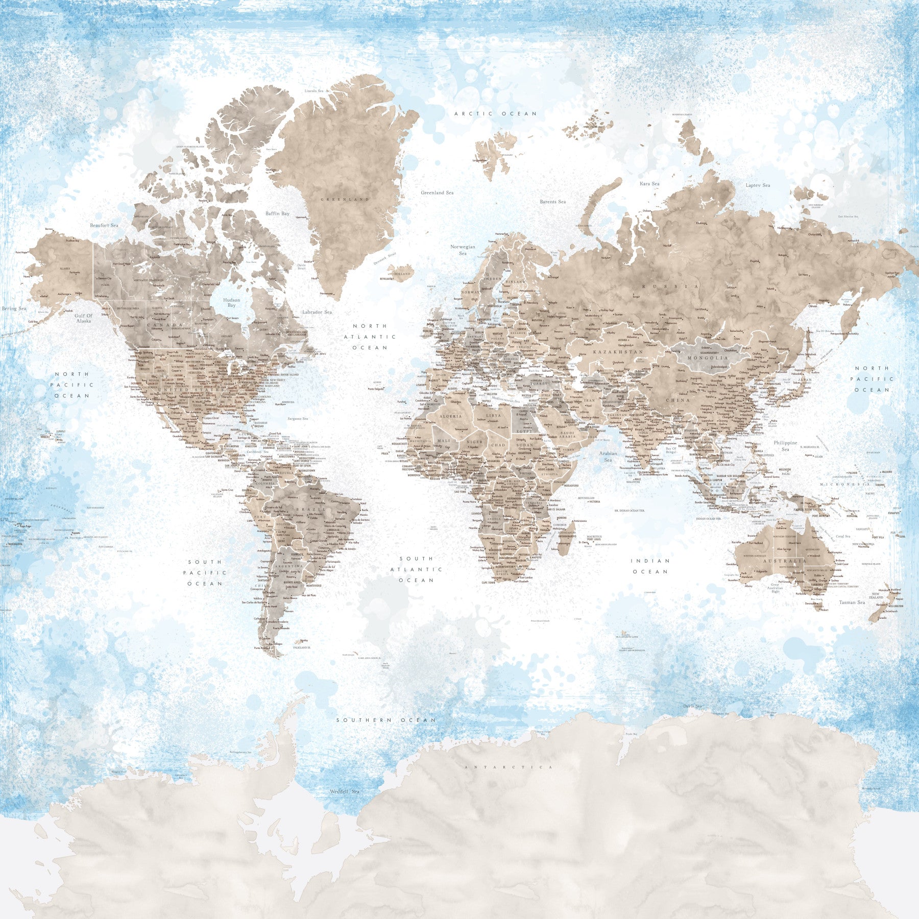Beige and Sky Blue Watercolor World Map Wallpaper