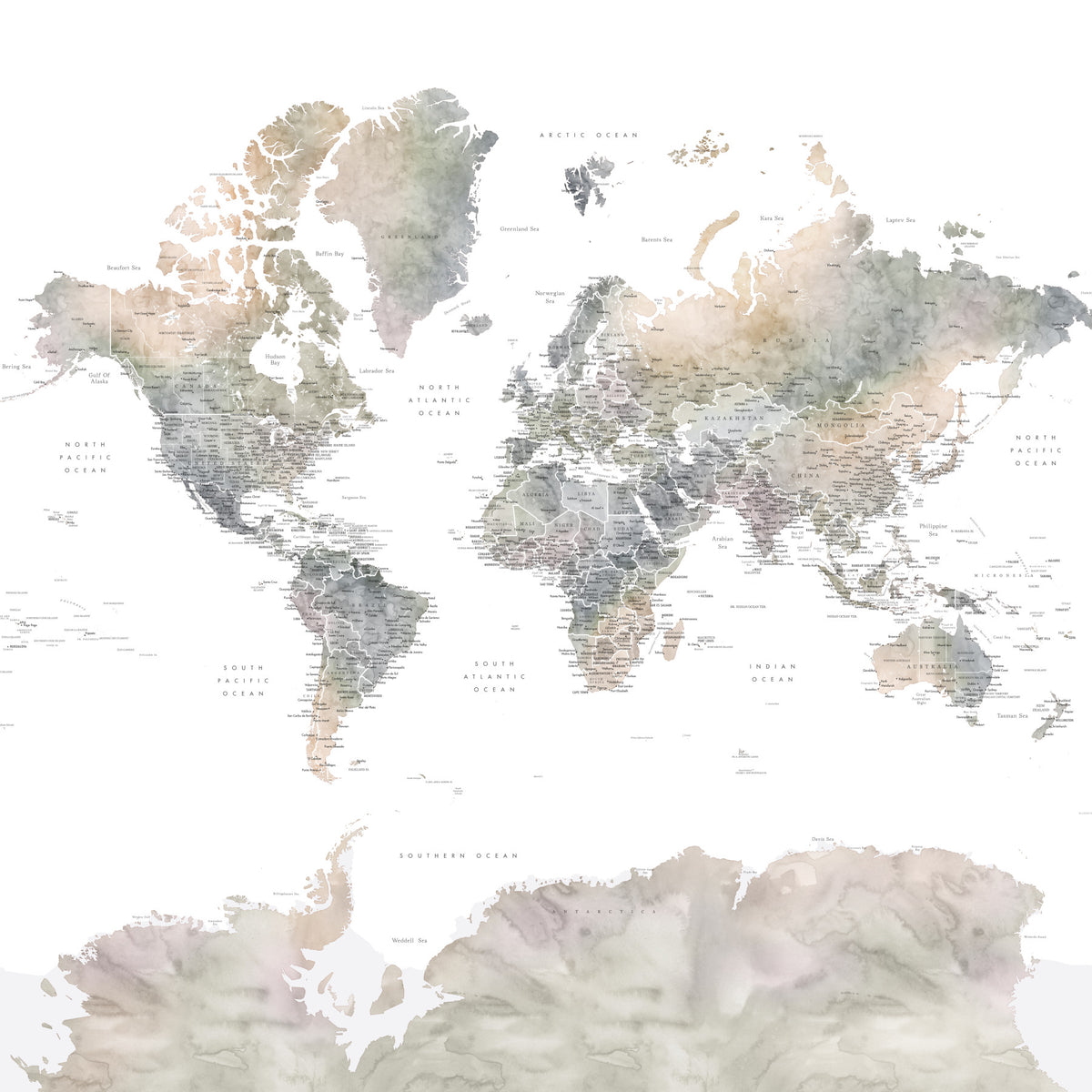 Earth Tones Watercolor World Map Wallpaper in your room