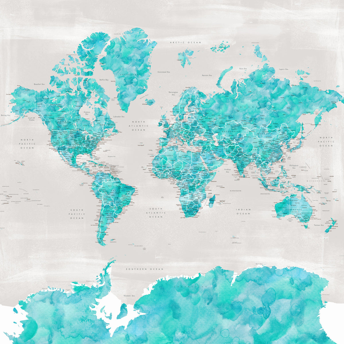 Ocean Blue Watercolor World Map Wallpaper in your room — zoomed