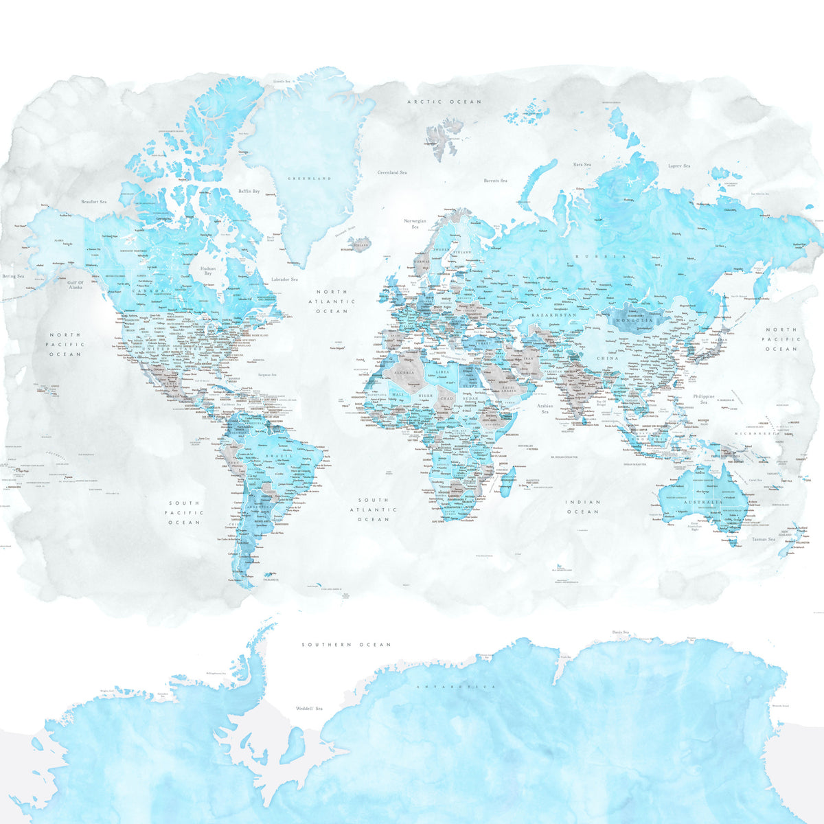 Light Blue Watercolor World Map Wallpaper in your room — zoomed