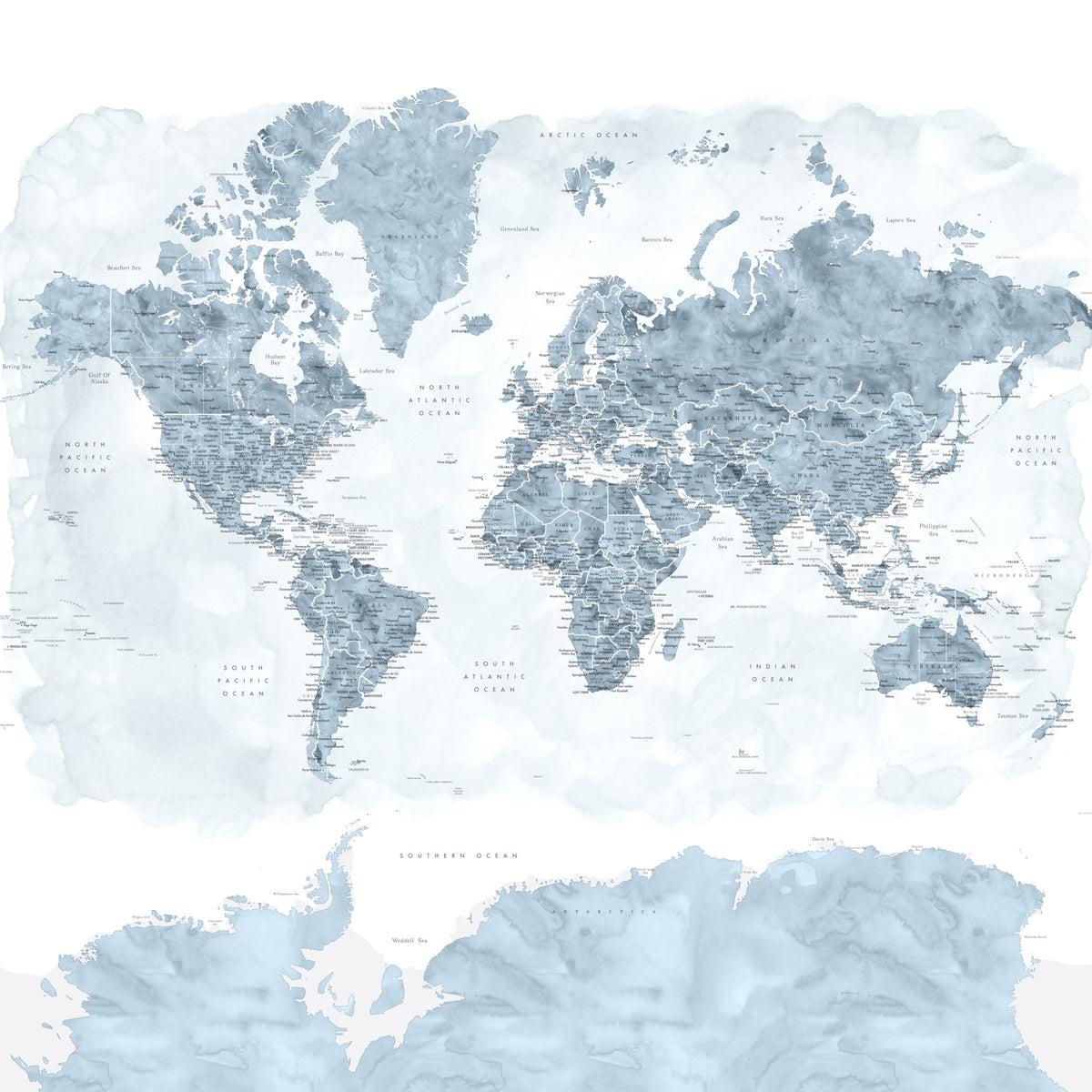 Steel Blue Watercolor World Map Wallpaper in your room