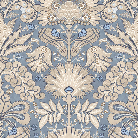 Botanic Damask Cream Slate Blue Grey Wallpaper