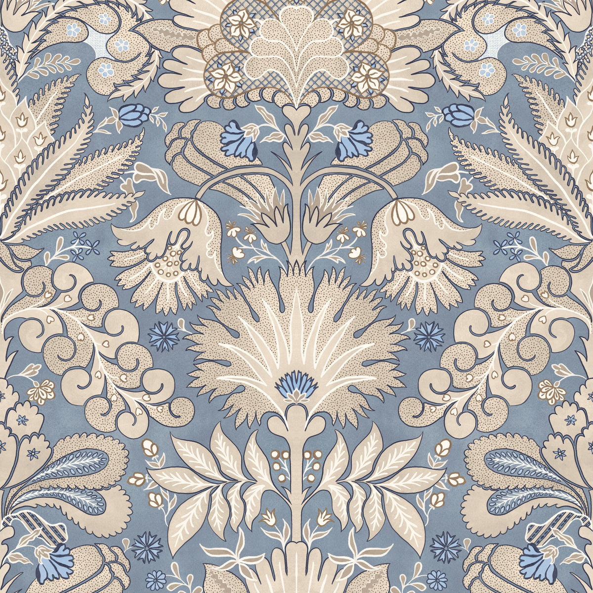Botanic Damask Cream Slate Blue Grey Wallpaper in your room — zoomed