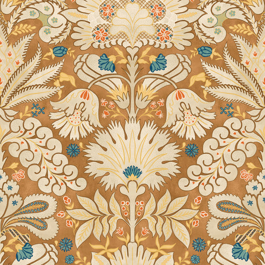 Botanic Damask Cream Rust Wallpaper