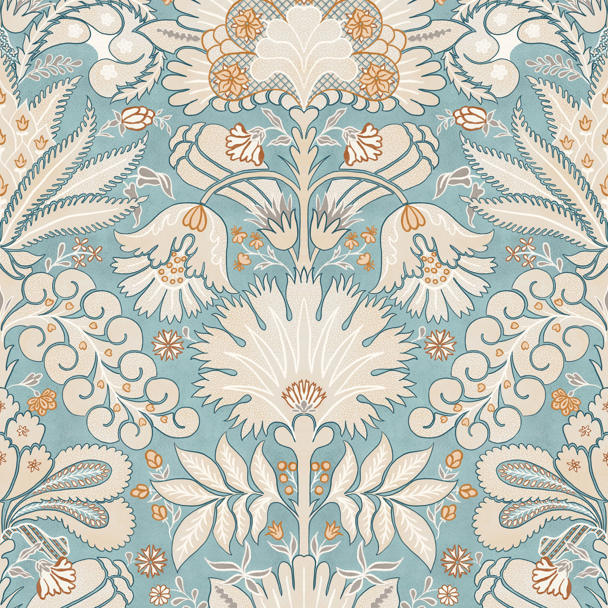 Botanic Damask Cream Aqua Blue Wallpaper in your room