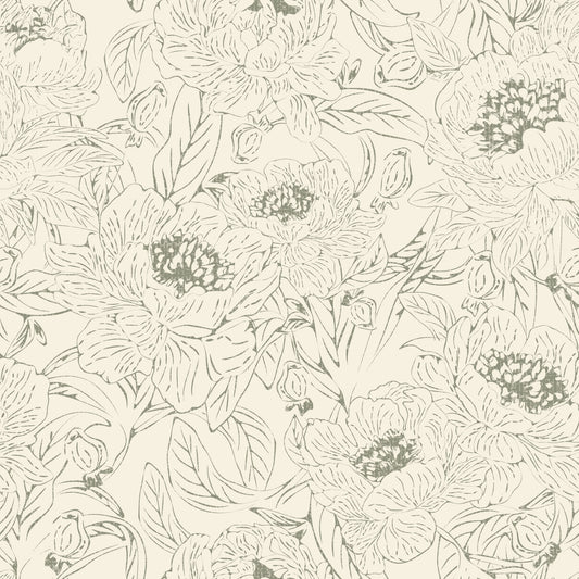 Romantic Peonies Line Art Green Wallpaper⁠