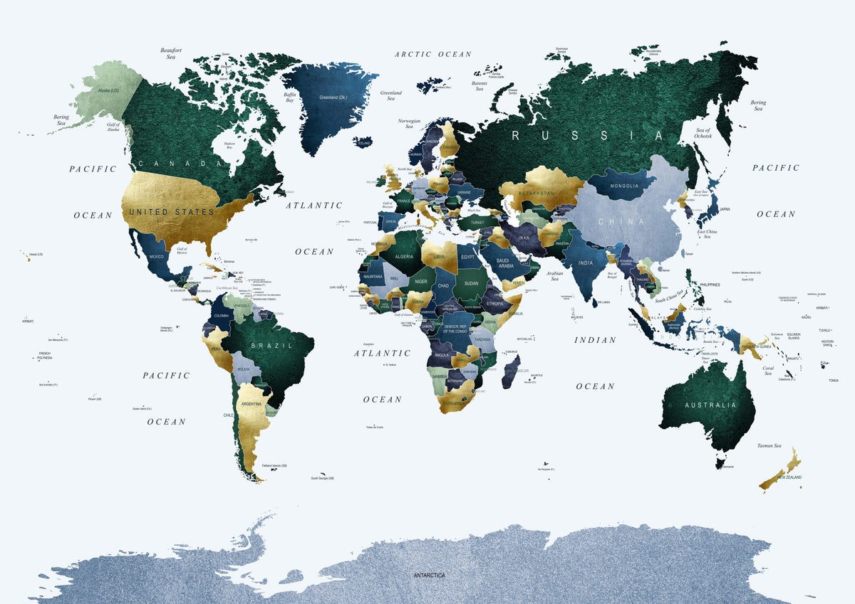World Map Green Blue Wall Mural in your room — zoomed