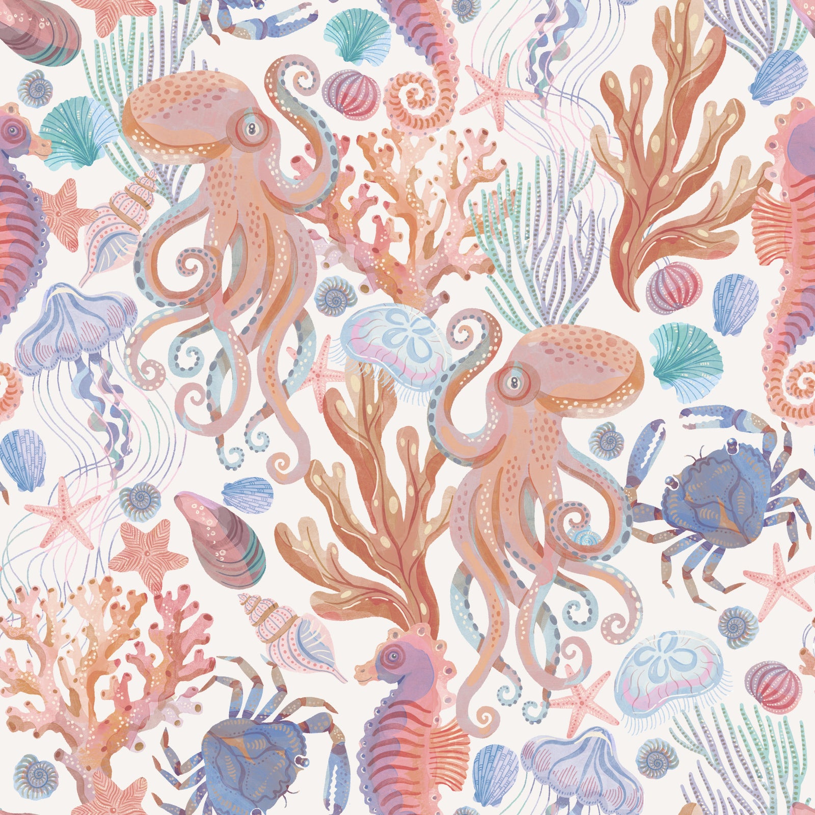 Pastel Coastal Cabin Sea Creatures Wallpaper⁠