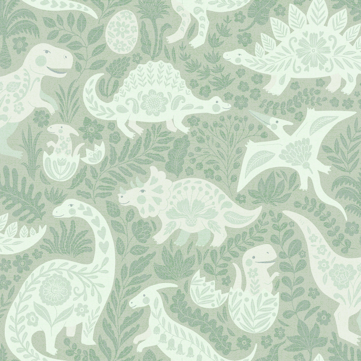 Sage Green Dinosaurs Folk Art   Wallpaper⁠ in your room