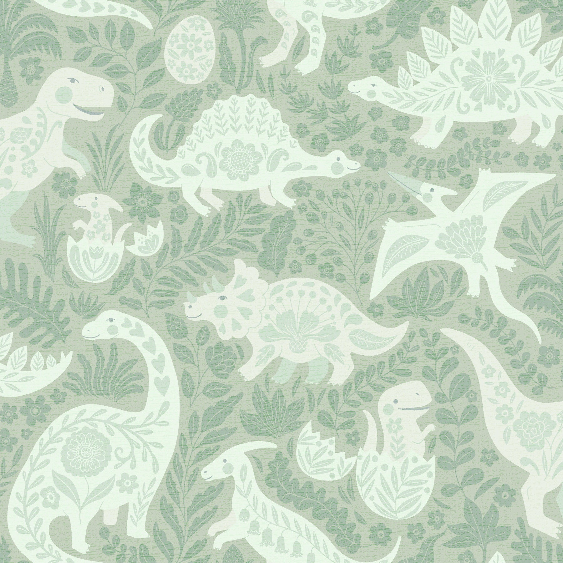 Sage Green Dinosaurs Folk Art   Wallpaper⁠
