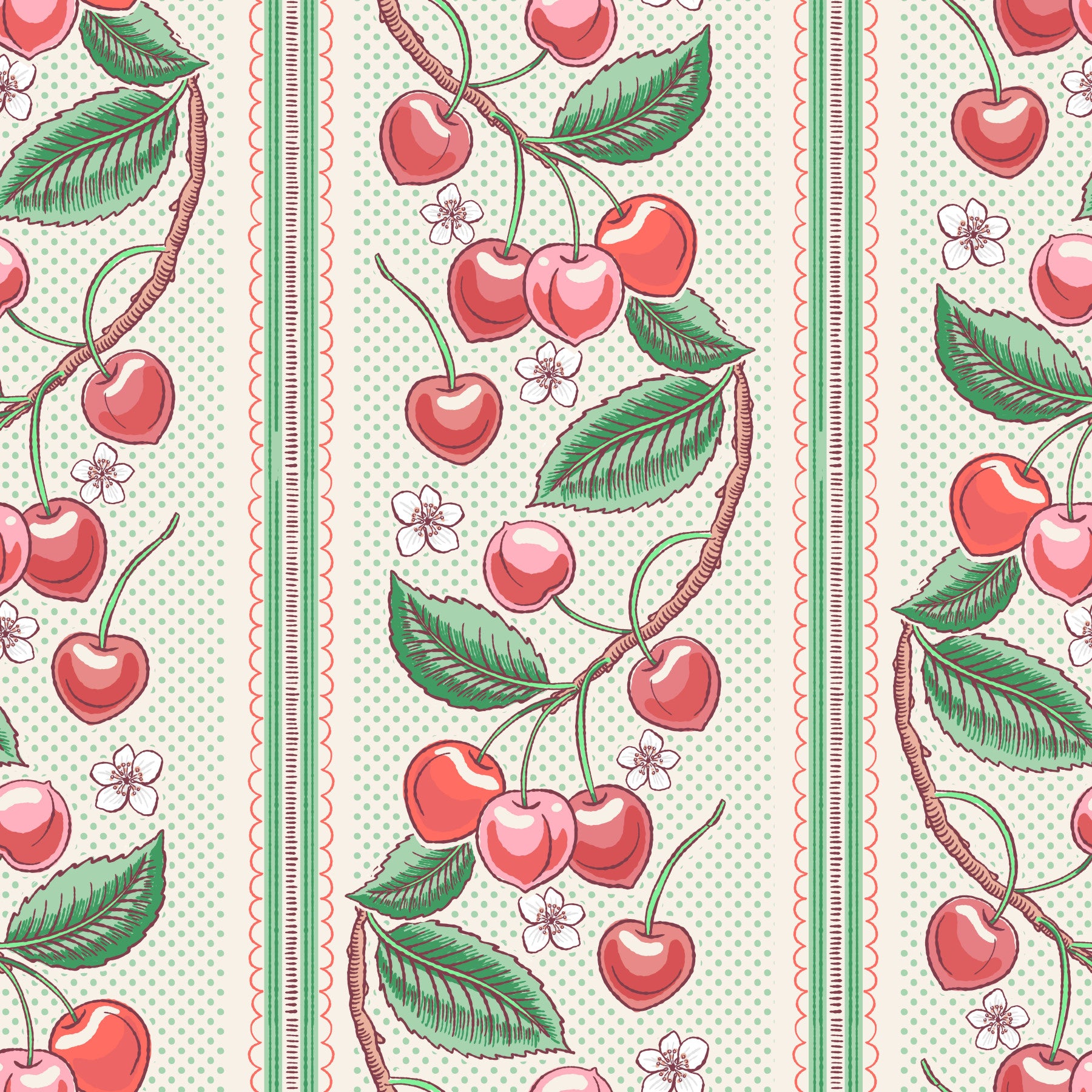 Merry Cherry Red and Green Stripe  Wallpaper⁠