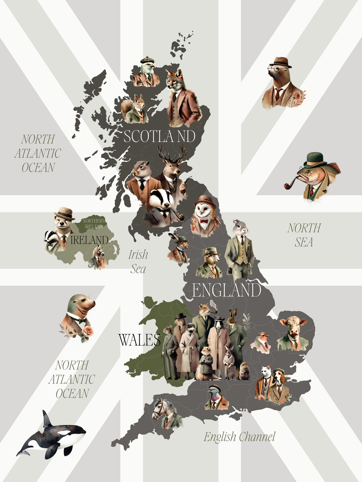 Dapper Creatures of Britain Wall Mural in your room