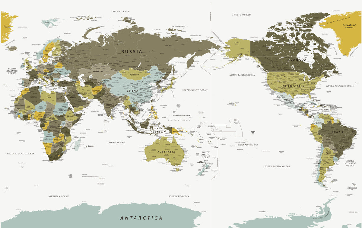 Pacific Centered World Map Olive Green Wall Mural in your room