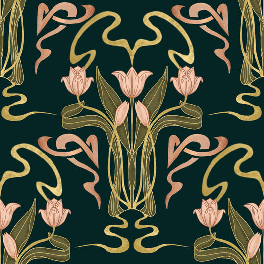 Deco Tulip Bloom  - Art Deco Floral Nouveau Deep Forest Wallpaper⁠