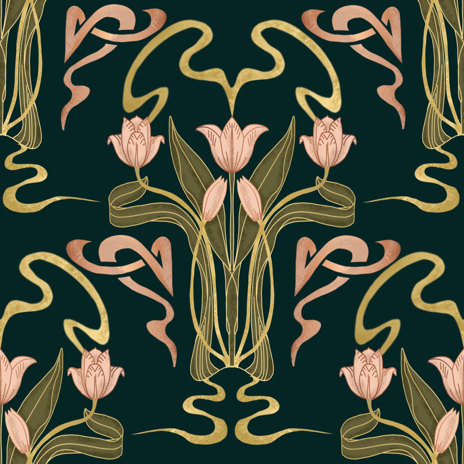 Deco Tulip Bloom  - Art Deco Floral Nouveau Deep Forest Wallpaper⁠
