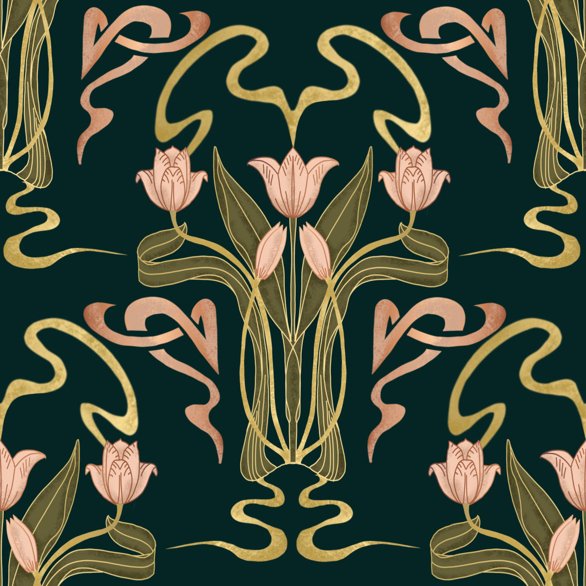 Deco Tulip Bloom  - Art Deco Floral Nouveau Deep Forest Wallpaper⁠ in your room — zoomed