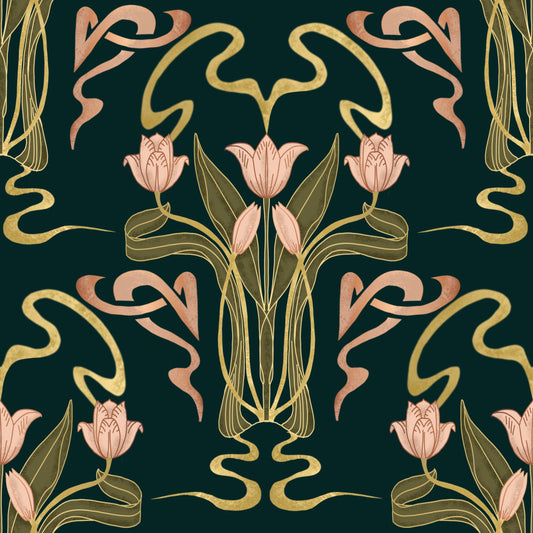 Deco Tulip Bloom  - Art Deco Floral Nouveau Deep Forest Wallpaper⁠